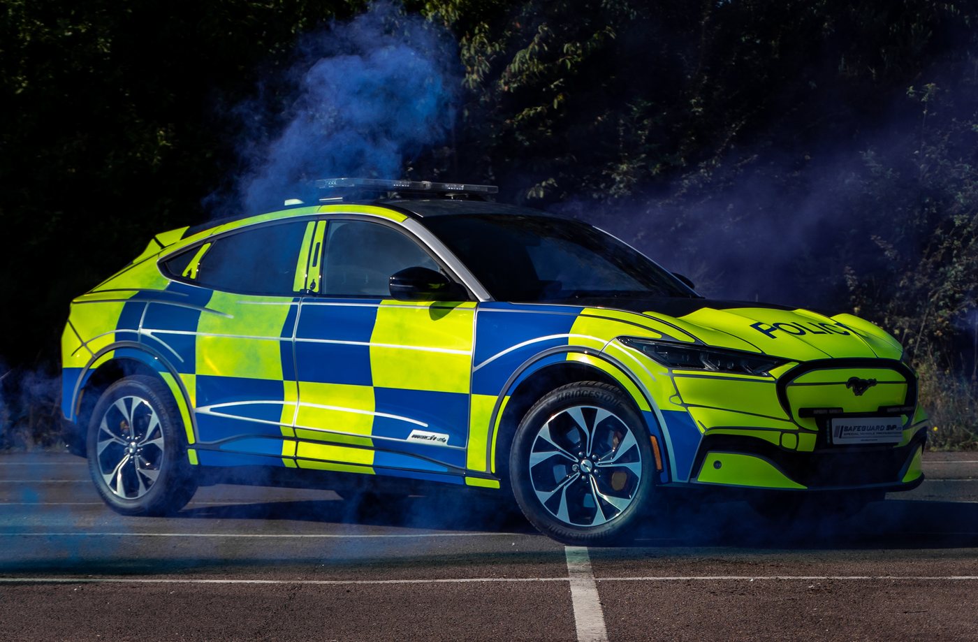 Police Mustang Mach-E, blue smoke