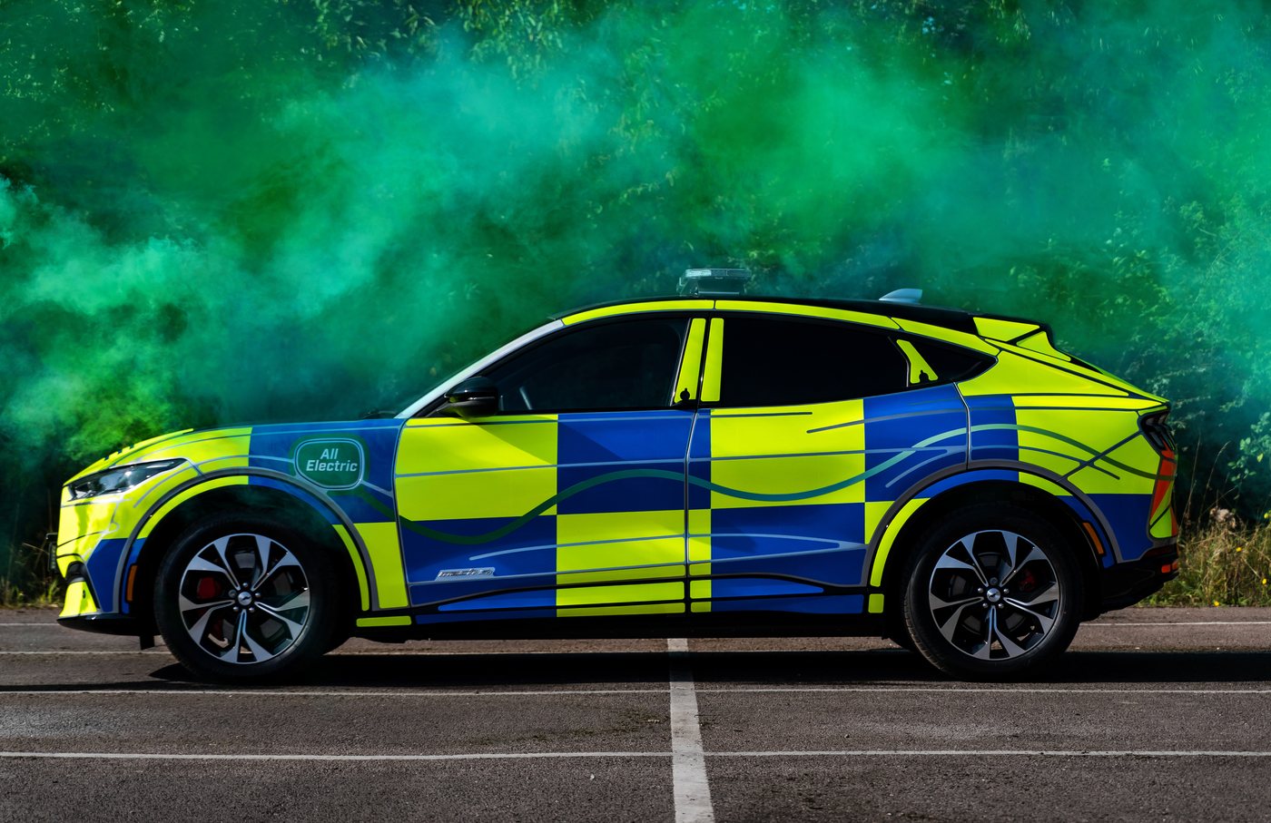 Police Mustang Mach-E, green smoke