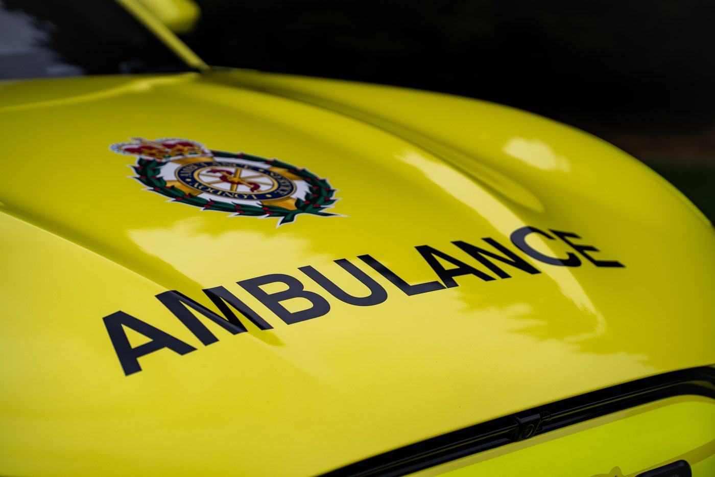Ambulance bonnet detail, London Ambulance Service crest