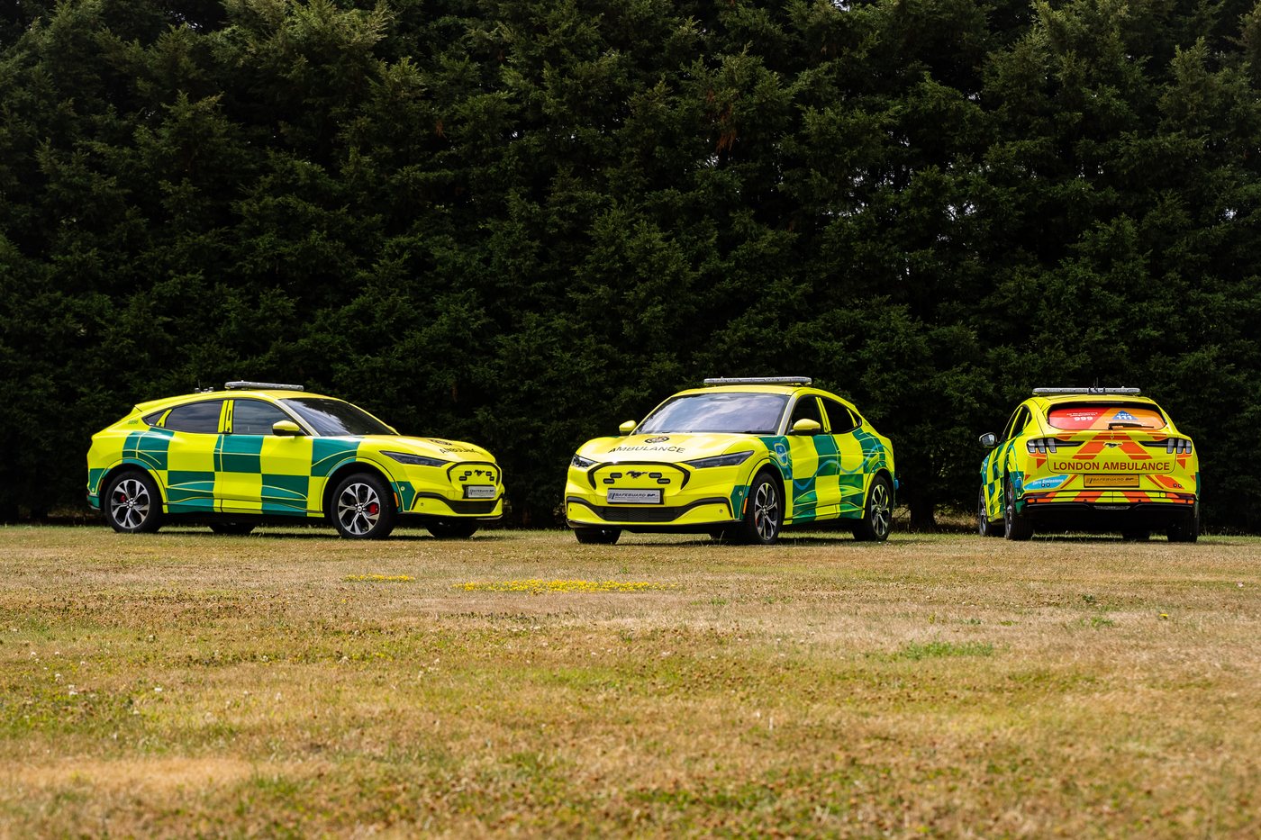 Three ambulance Mustang Mach-Es, London Ambulance livery