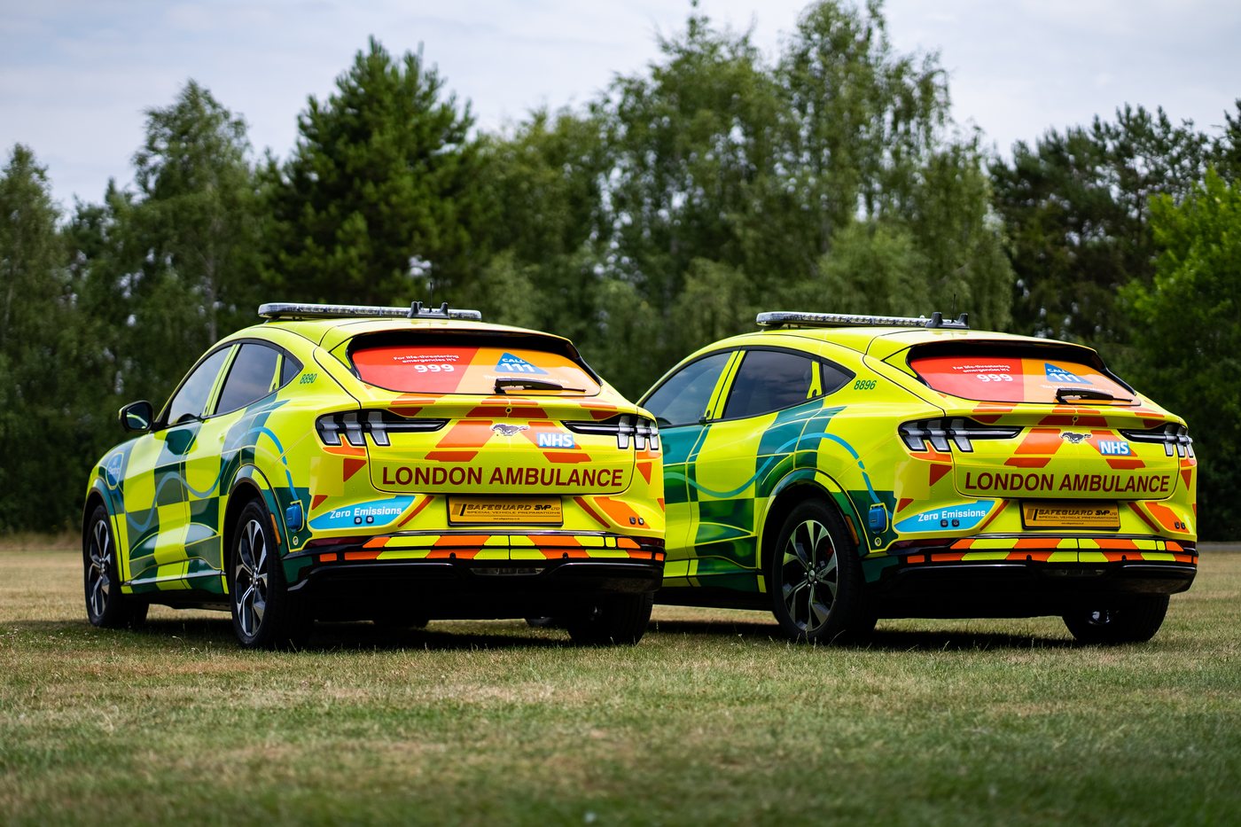 Two London Ambulance Mustang Mach-Es, rear view