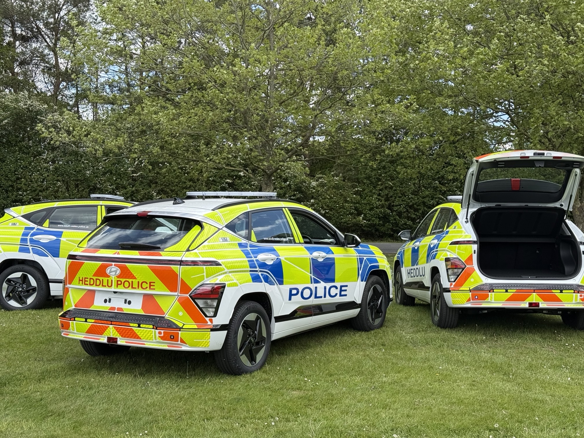 Police Hyundai Kona, rear three-quarter view with tailgate open