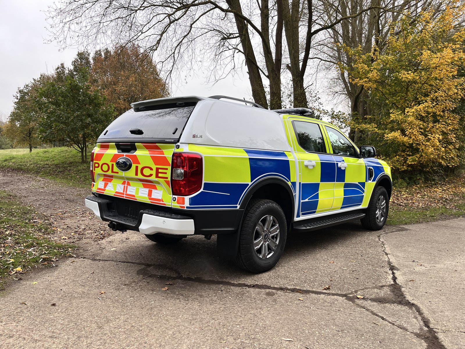 Police Ford Ranger, rear three-quarter view showing POLICE livery